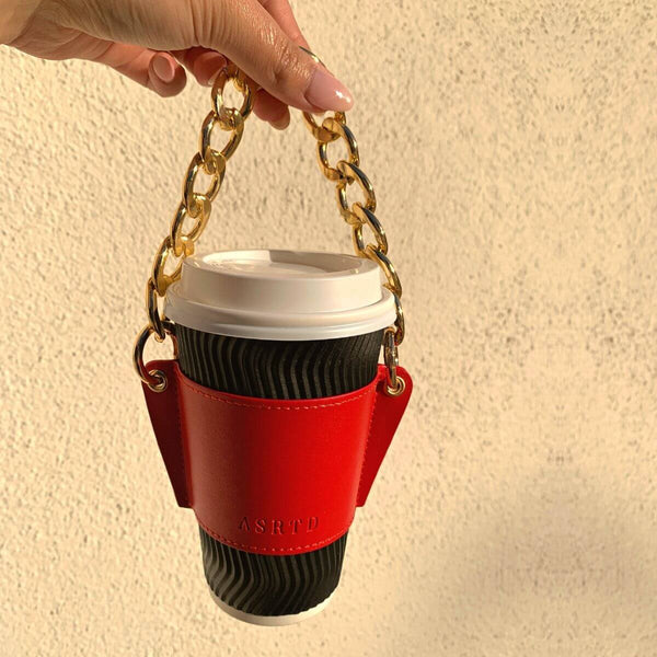 Hot coffee cup sleeve, Reusable leather coffee sleeve with handle, leather  cup holder, cold drink cup holder, cup holder with chain, iced coffee