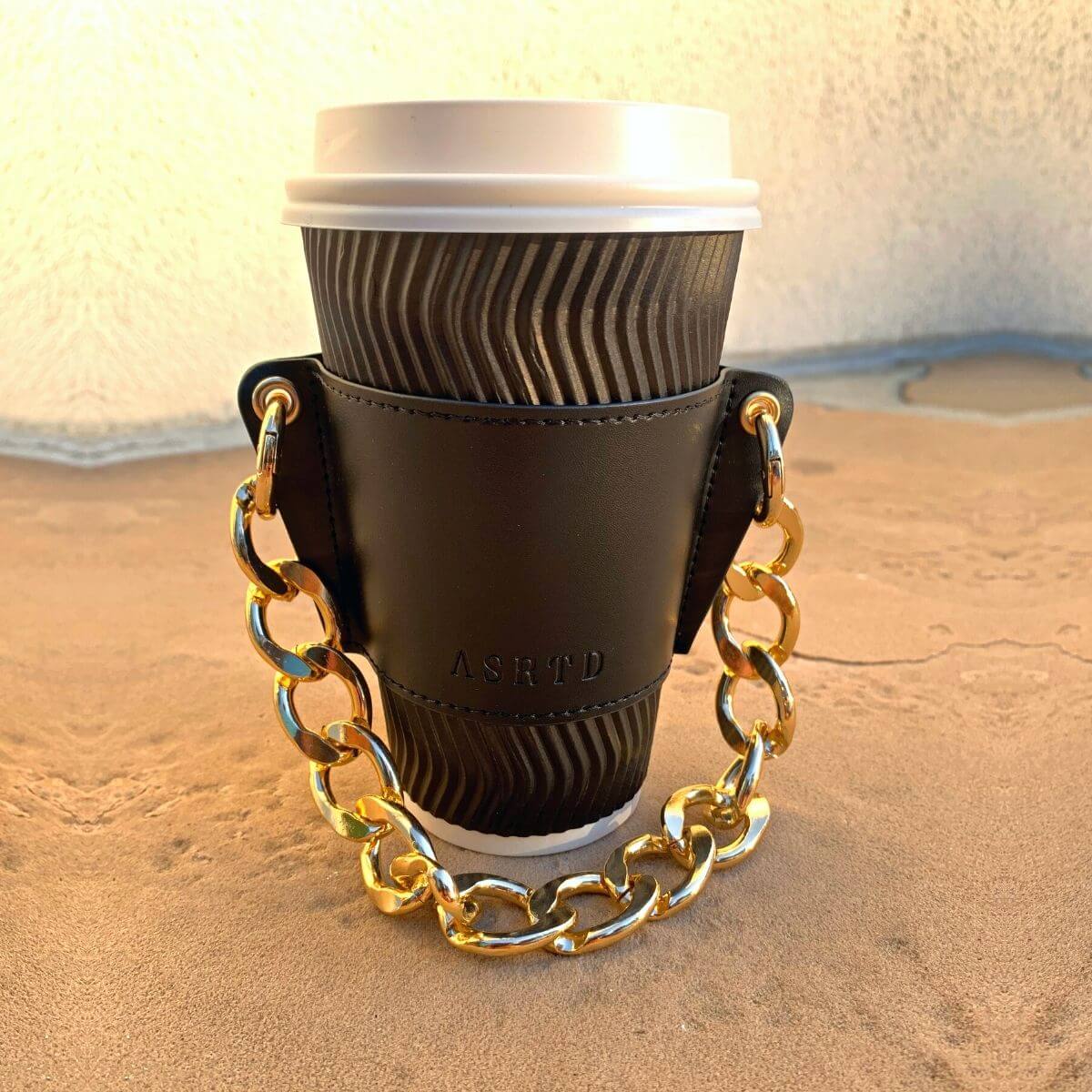 Reusable-Cup-Sleeve-Black-Vegan-Leather-Gold-Chain-Front