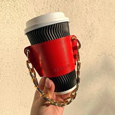Reusable-Cup-Sleeve-Red-Vegan-Leather-Gold-Chain-Front