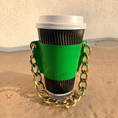 Reusable-Cup-Sleeve-Green-Vegan-Leather-Gold-Chain-Standing