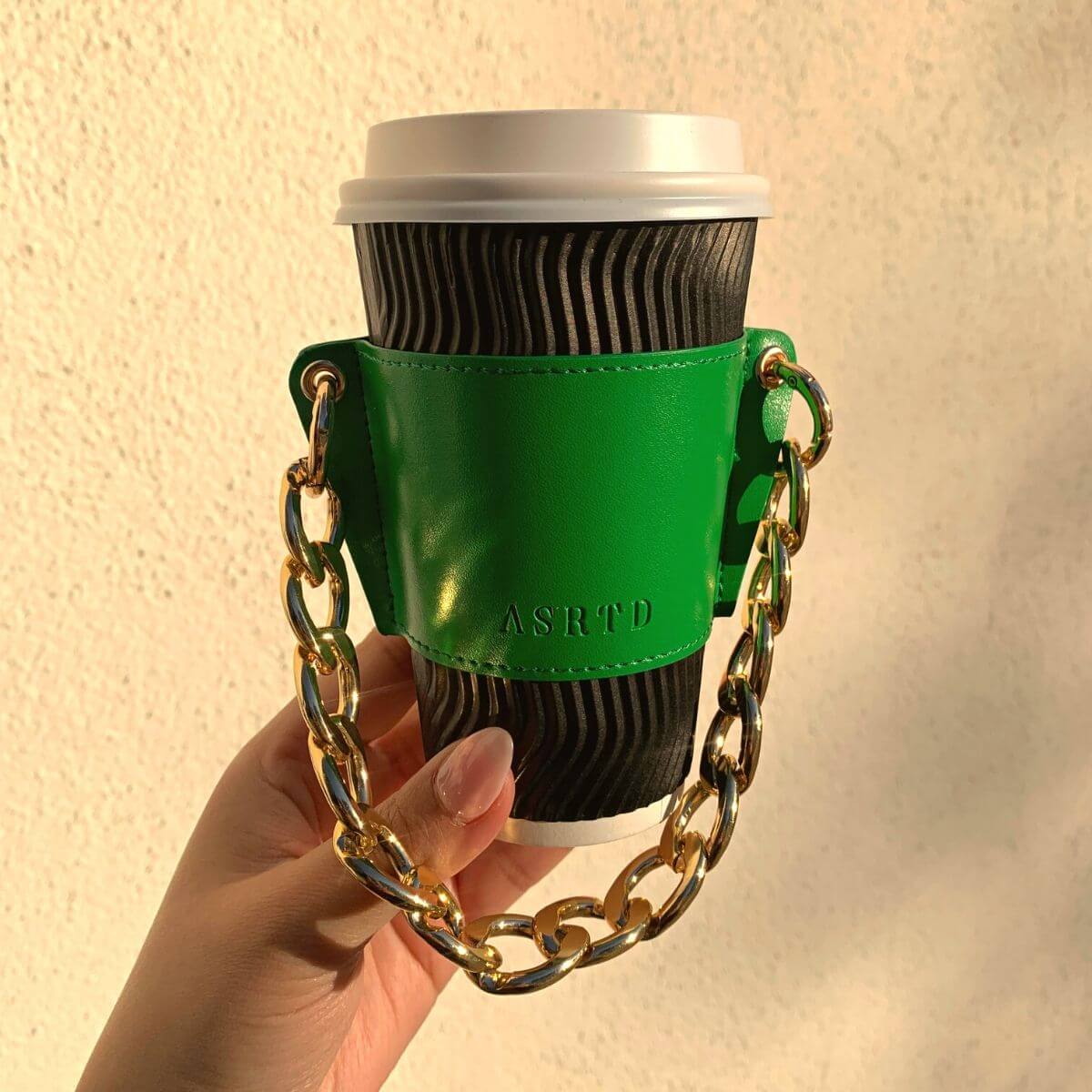 Reusable-Cup-Sleeve-Green-Vegan-Leather-Gold-Chain-Holding