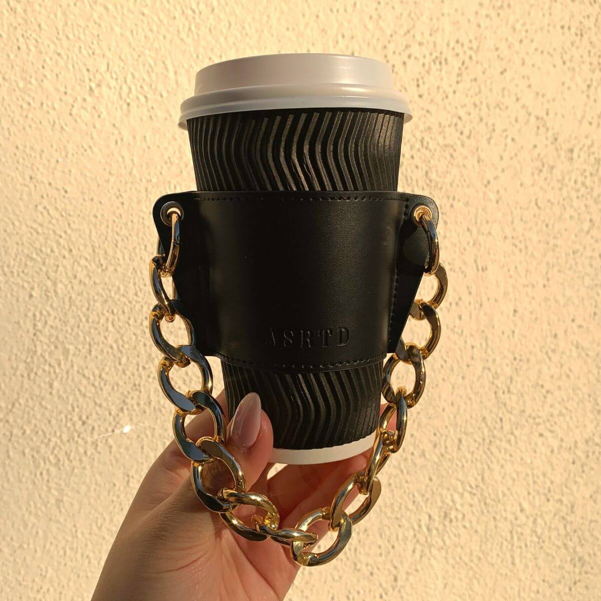 Reusable-Cup-Sleeve-Black-Vegan-Leather-Gold-Chain-Holding