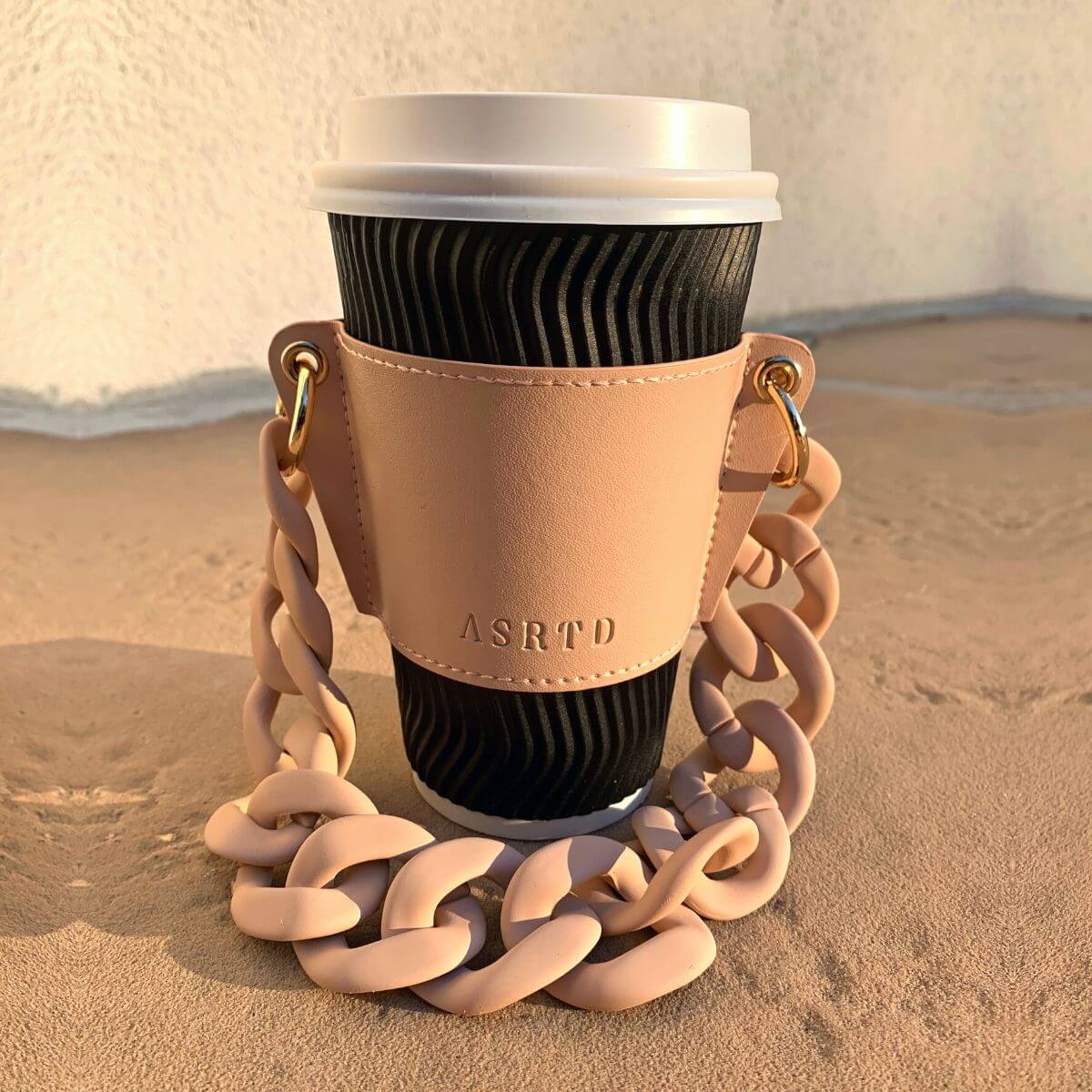 Reusable-Cup-Sleeve-Sand-Vegan-Leather-Gold-Chain-Front