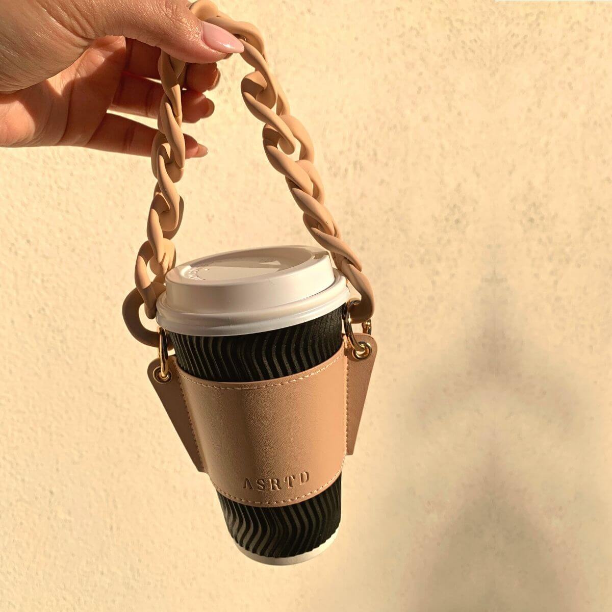 Reusable-Cup-Sleeve-Sand-Vegan-Leather-Gold-Chain-Holding